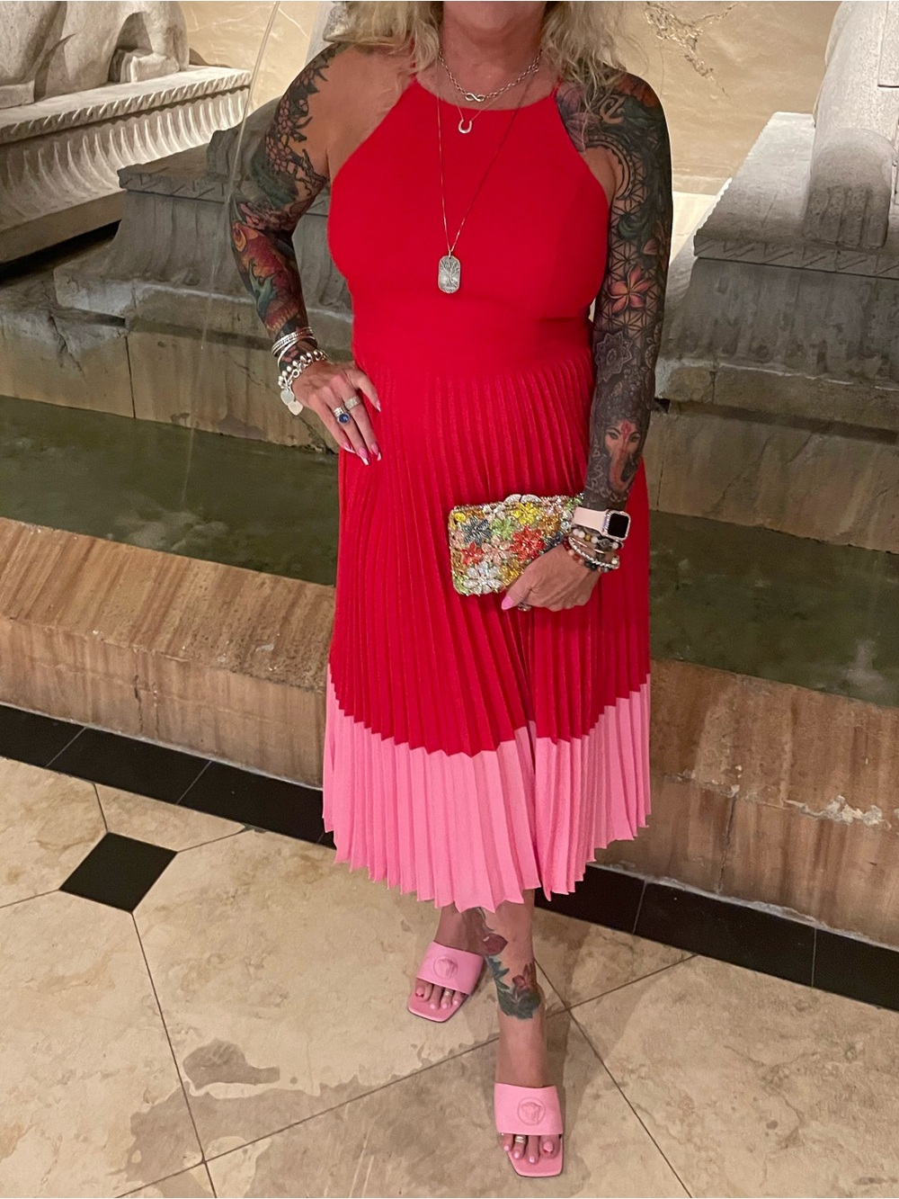 Aidan by Aidan Mattox Red and Pink Pleated Dress